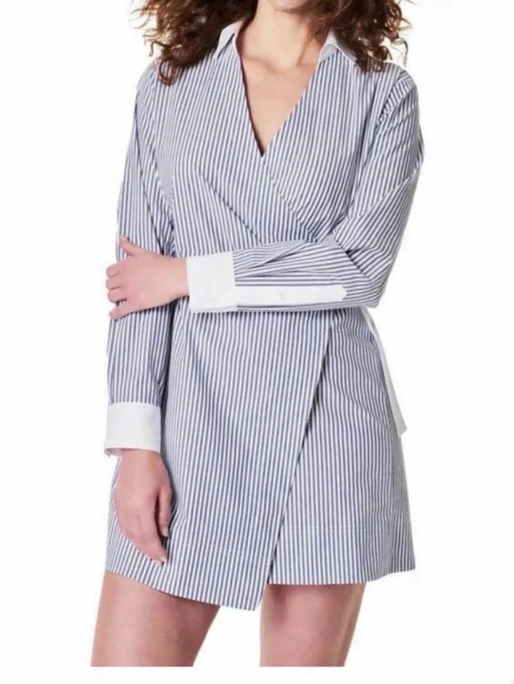 Spanx Best Stretch Poplin Striped Wrap Mini Dress in Blue & White